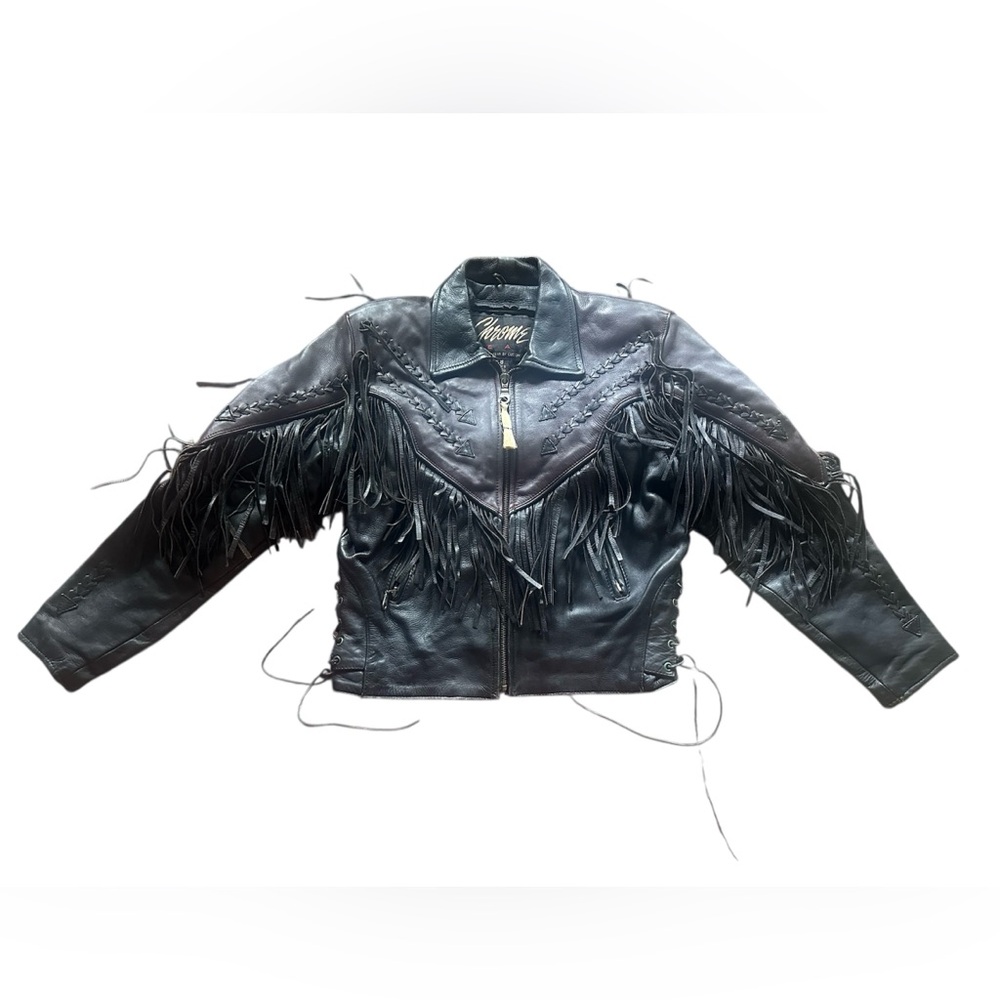 Chrome Gear Womens Leather Fringe Riding Jacket two tone biker motorcycle